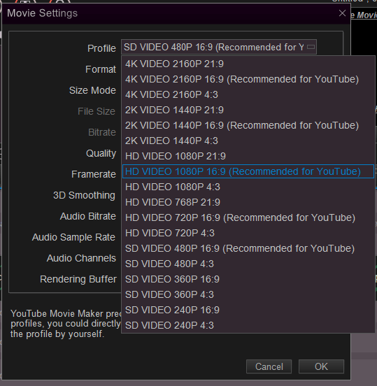  video format in YouTube Movie Maker